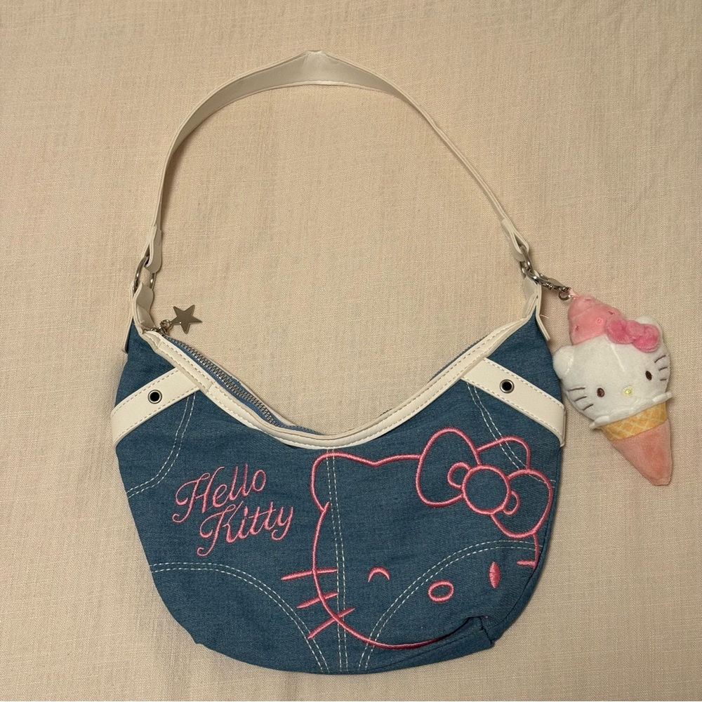 Y2K Hello Kitty Denim Shoulder Bag with Pink Embroidery